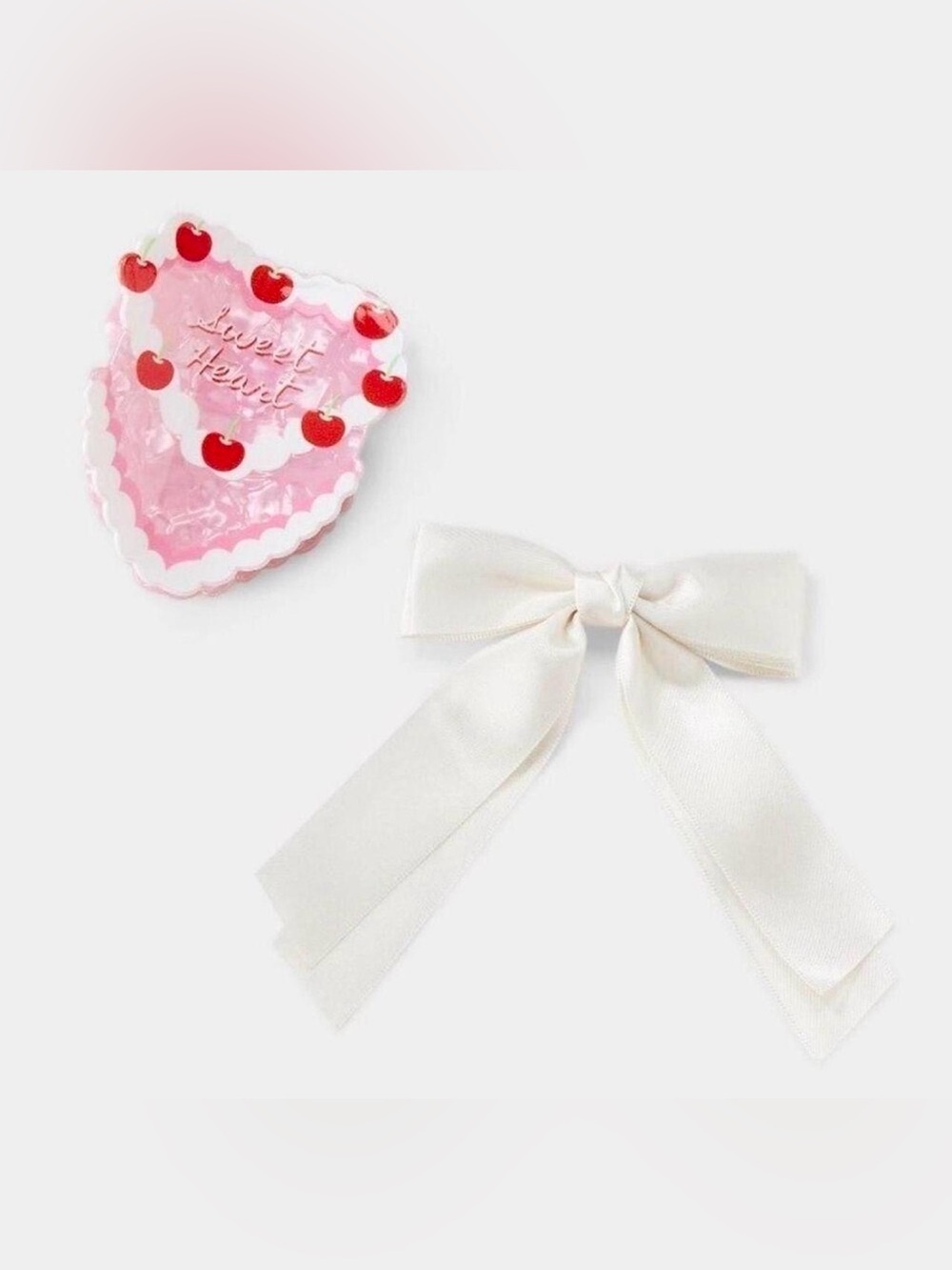 A New Day 2 Piece Set Acrylic Heart Cake Hair Claw Clip White Bow Barette NWT